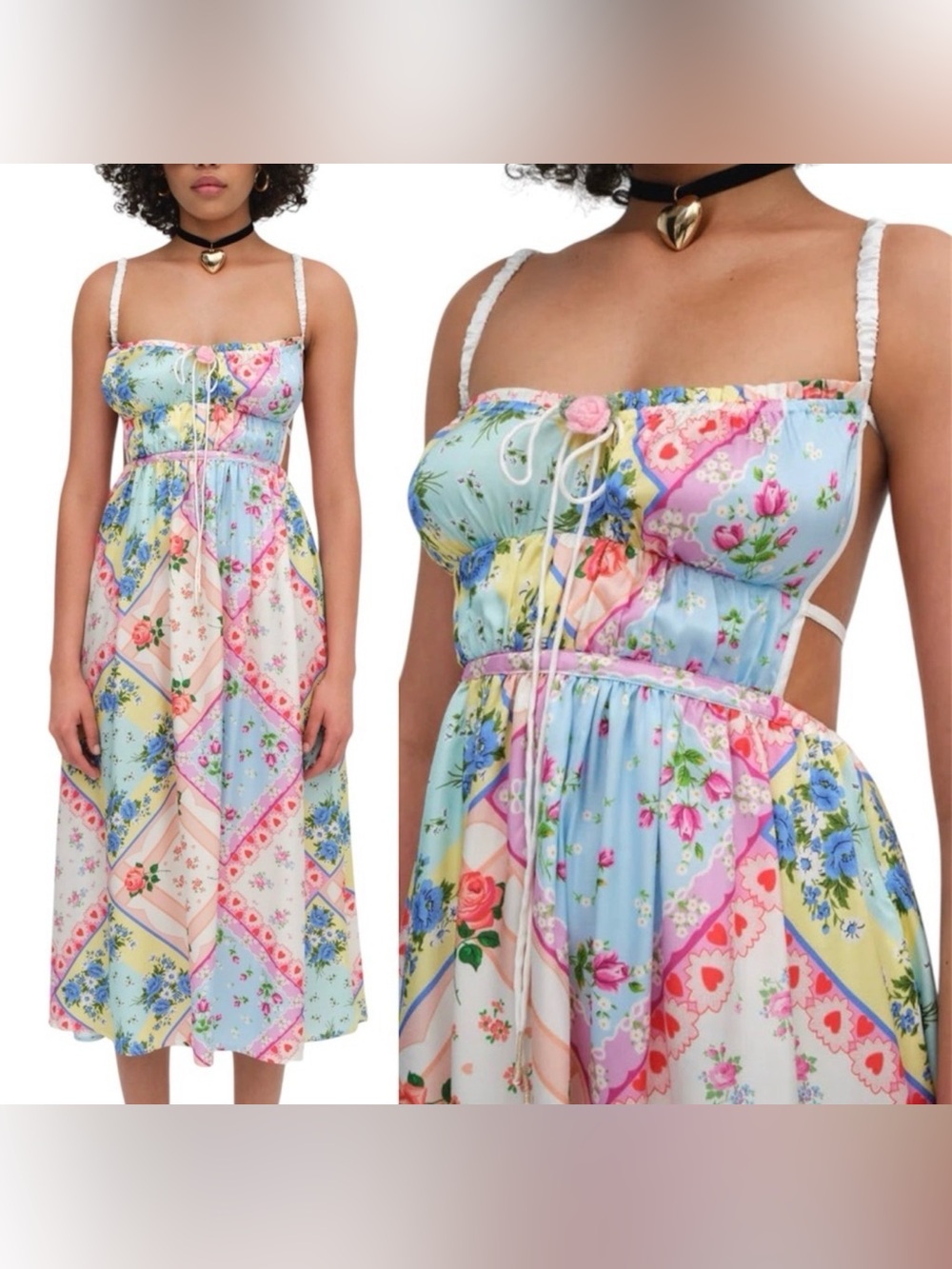 NWT For Love & Lemons Cassandra Floral Satin Midi Dress XS Romantic